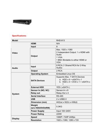 Specifications: Model RHD-813 Video HDMI N/A Input ... - CCTV Direct