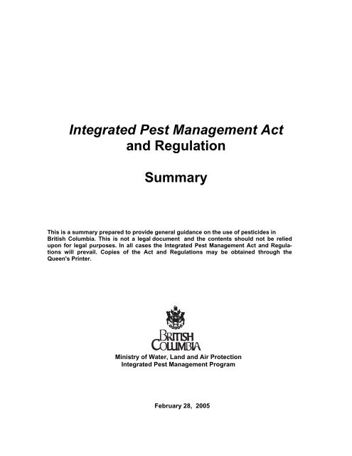 Integrated Pest Management Act and Regulation Summary