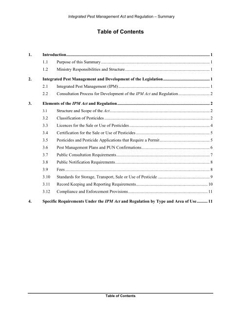 Integrated Pest Management Act and Regulation Summary