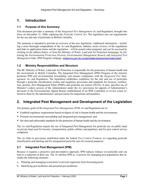 Integrated Pest Management Act and Regulation Summary