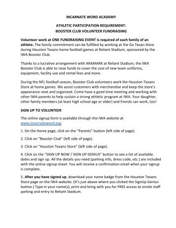 Booster Club Volunteer Agreement Form - Incarnate Word Academy