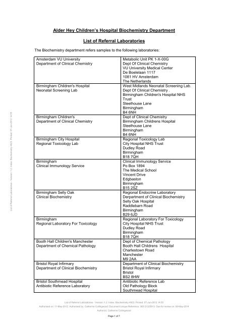 referred to external laboratories - Alder Hey Childrens Hospital