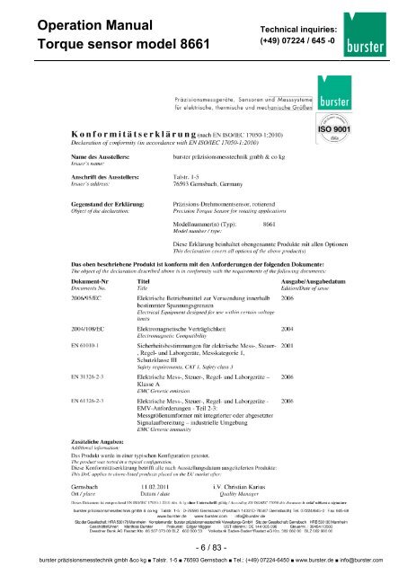 Torque sensor model 8661 OPERATION MANUAL