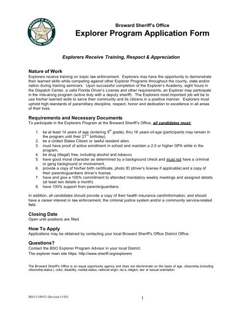 Explorer Program Application Form - Broward Sheriff's Office