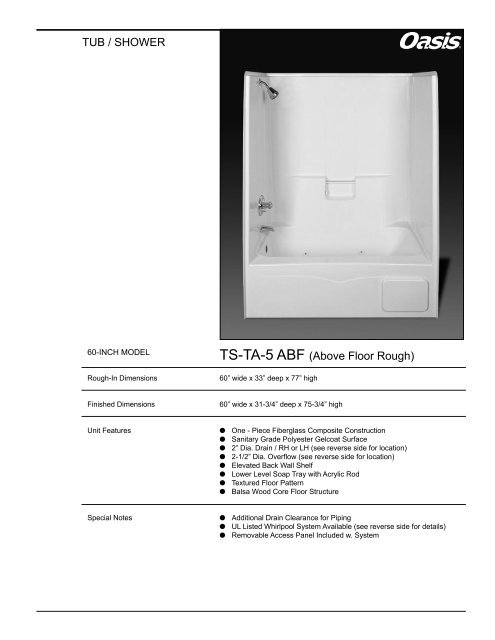 Tub Shower Ts Ta 5 Abf Above Floor Rough Oasis Bath Tub Shower Ts Ta 5 Abf Above Floor