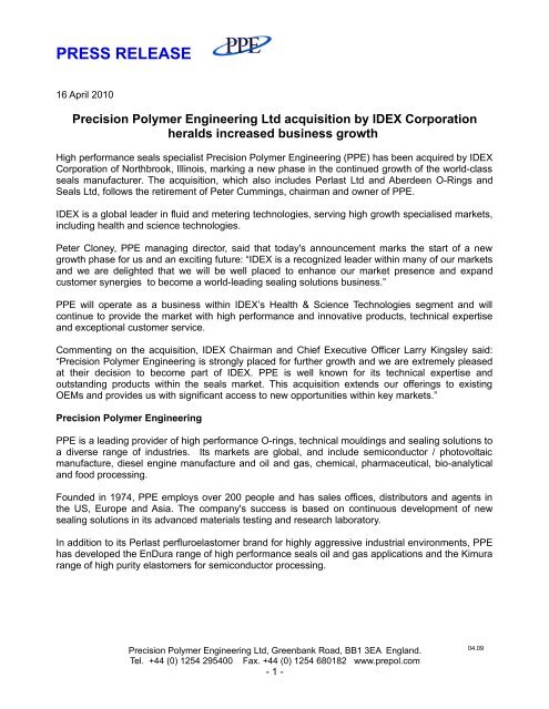 Precsion Polymer Engineering acquired by Idex ... - SW Jagels Home