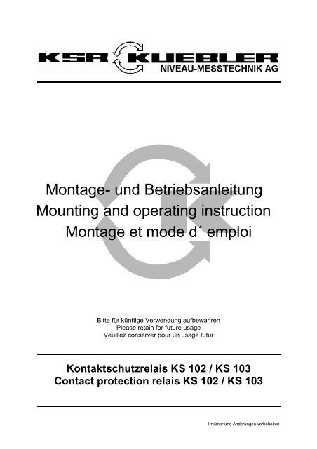 Kontaktschutzrelais KS 102 KS 103 Contact protection H hm