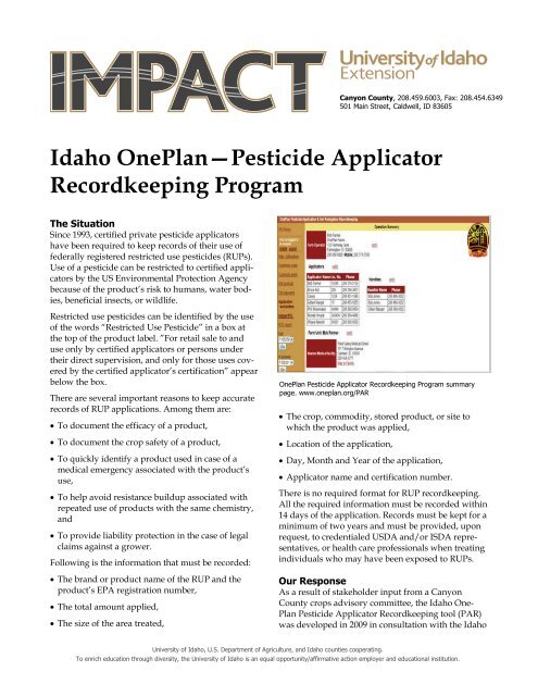 Idaho OnePlan—Pesticide Applicator Recordkeeping Program