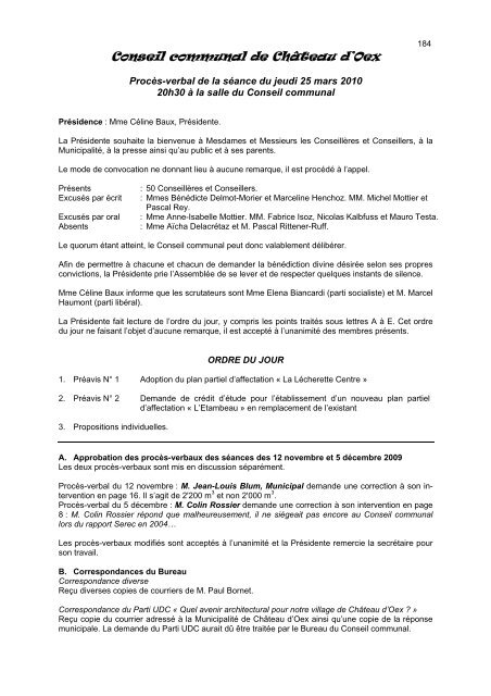 ProcÃ¨s-verbal de la sÃ©ance du 25 mars 2010 - ChÃ¢teau-d'Oex