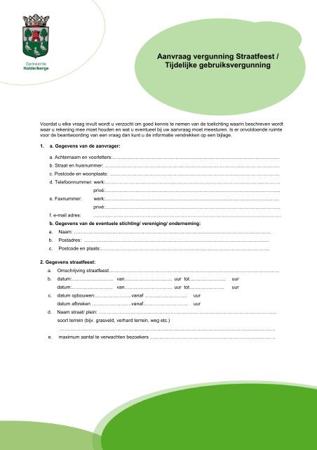 formulier aanvraag vergunning straatfeest - Gemeente Halderberge