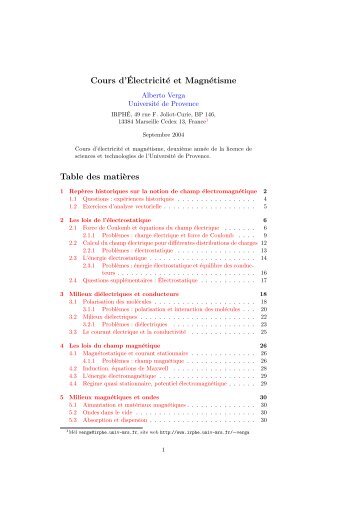 Cours d'Électricité et Magnétisme Table des mati`eres