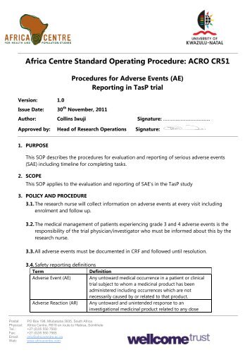 Procedure for Adverse Events (AE) reporting in TasP Trial