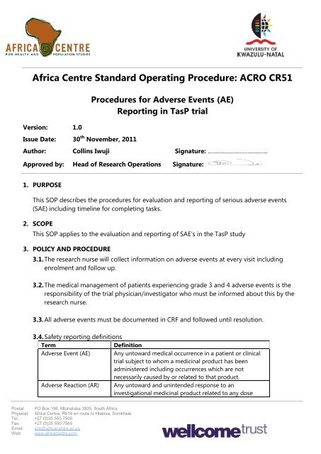 Procedure for Adverse Events (AE) reporting in TasP Trial