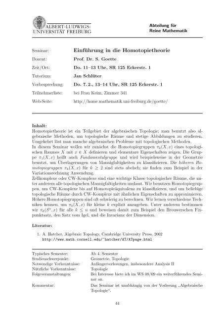 Kommentare zu den Lehrveranstaltungen - Mathematisches Institut ...