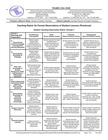 TOURO COLLEGE Teaching Rubric for Formal Observations of ...