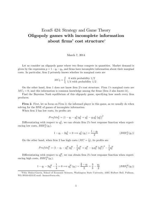 EconS 491: Strategy and Game Theory Oligopoly games with ...