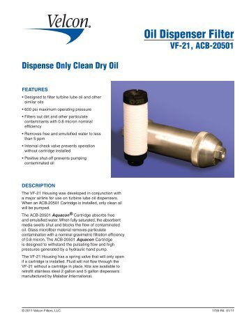 VF-21 Oil Dispenser Filter - Data Sheet #1735 - Velcon Filters