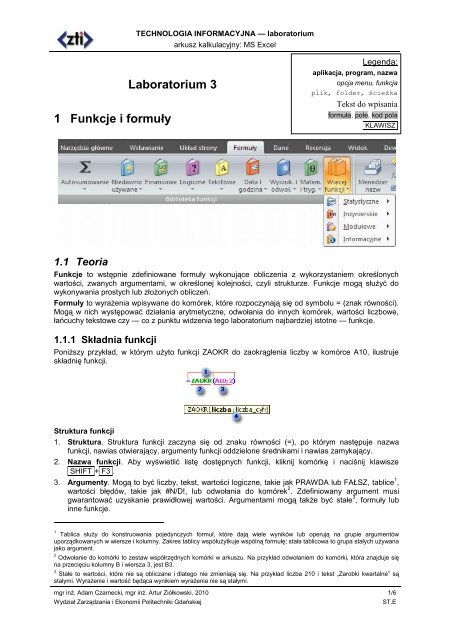 Laboratorium 3 1 Funkcje i formuÅy - WydziaÅ ZarzÄdzania i Ekonomii