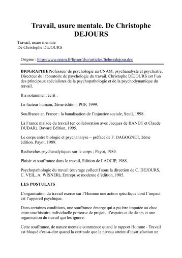 Travail, usure mentale. De Christophe DEJOURS