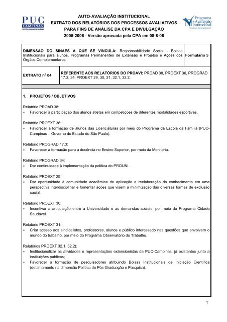 auto-avaliaÃ§Ã£o institucional extrato dos relatÃ³rios ... - PUC-Campinas