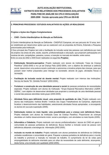 auto-avaliaÃ§Ã£o institucional extrato dos relatÃ³rios ... - PUC-Campinas