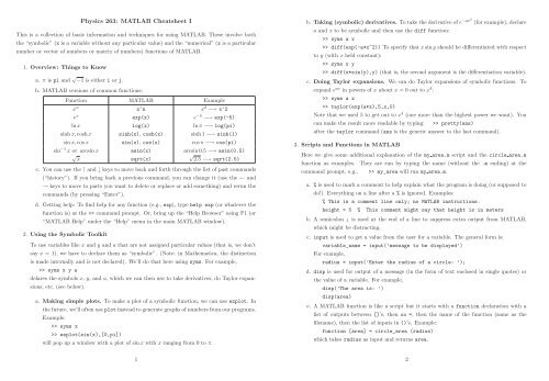 Matlab basic cheat sheet Matlab basic cheat sheet