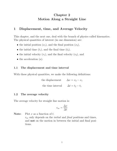 Chapter 2 Motion Along A Straight Line 1 Displacement Time And