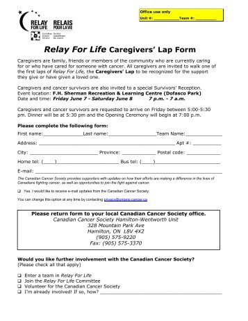 Relay For Life Caregivers' Lap Form - Canadian Cancer Society