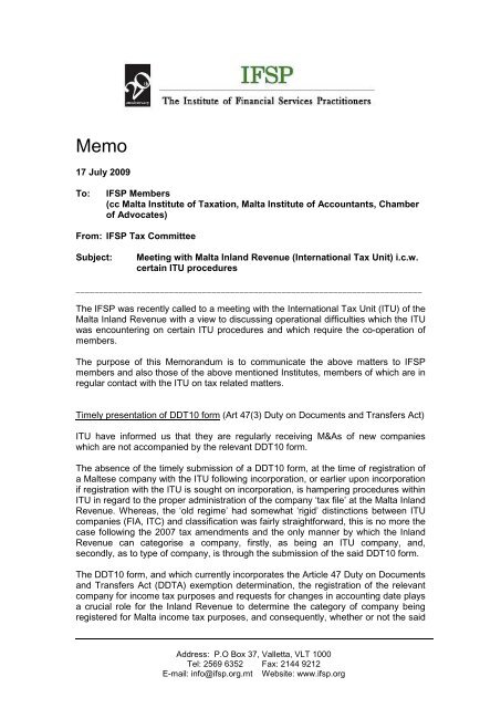 17 July 2009 To Ifsp Members Cc Malta Institute Of Taxation Malta