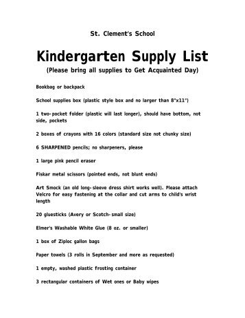 Kindergarten Supply List - St. Clement's Regional Catholic School