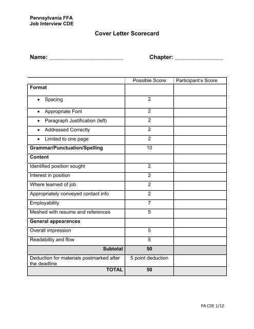 Job Interview Scorecards - Pa FFA