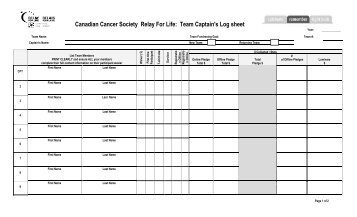 Canadian Cancer Society Relay For Life: Team Captain's Log sheet