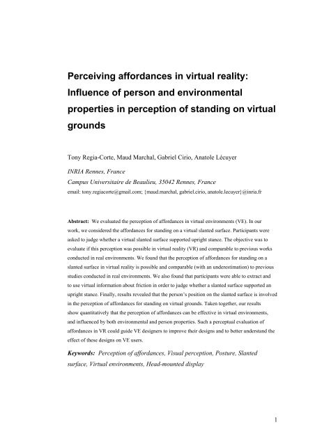 Perceiving affordances in virtual reality: Influence of person ... - GMRV