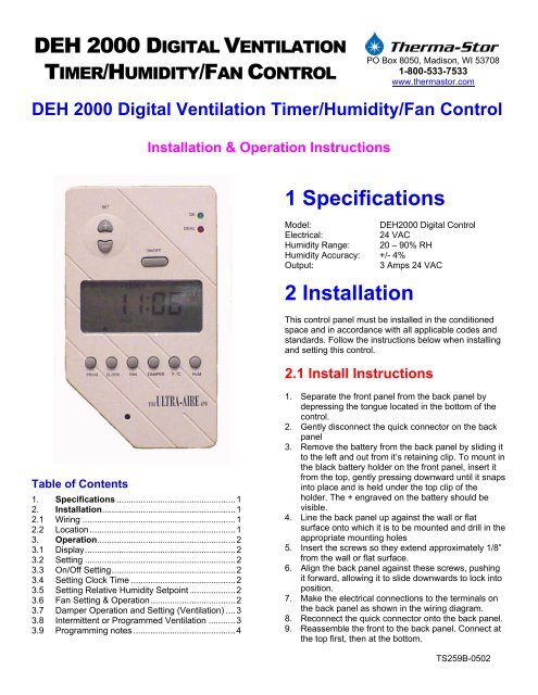 DEH 2000 Digital Ventilation Timer/Humidity /Fan Control - Ultra-Aire