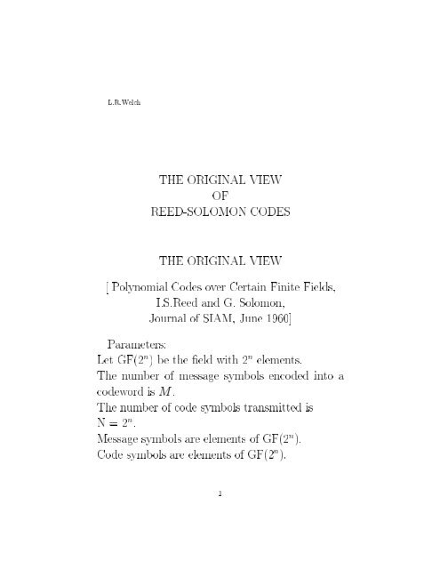 THE ORIGINAL VIEW OF REED-SOLOMON CODES THE ORIGINAL ...