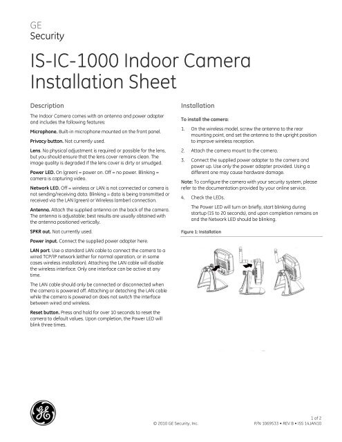 IS-IC-1000 Indoor Camera Installation Sheet - UTCFS Global 