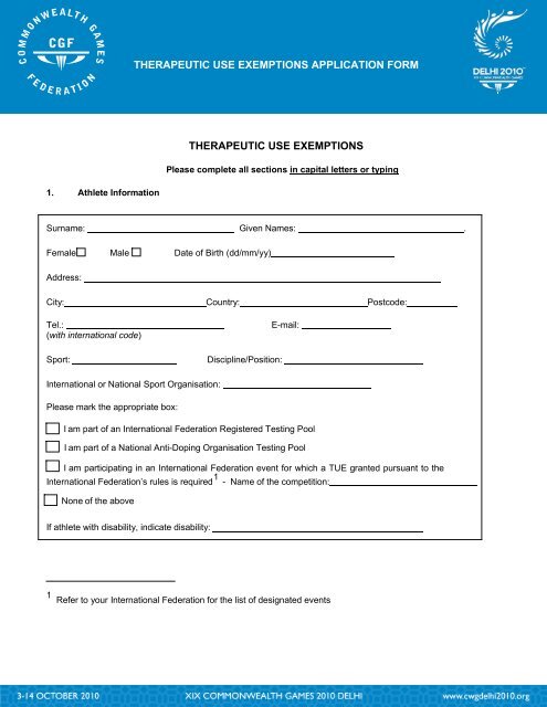 TUE Application Form - Commonwealth Games Federation