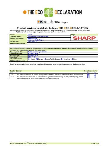 Product environmental attributes â THE ECO DECLARATION - Sharp