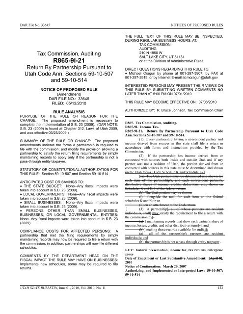 Vol. 2010, No. 11 (06/01/2010) PDF - Administrative Rules - Utah.gov