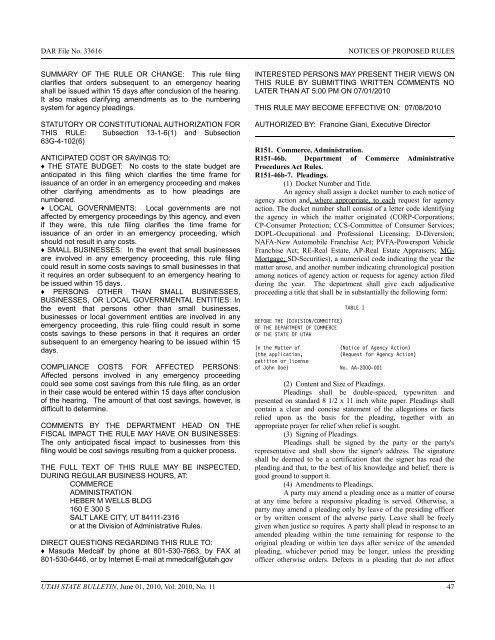 Vol. 2010, No. 11 (06/01/2010) PDF - Administrative Rules - Utah.gov