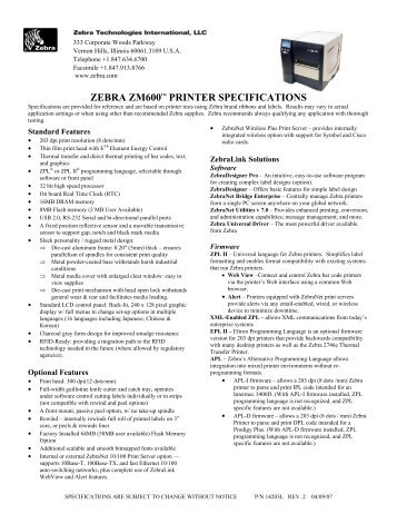 zebra zm600â¢ printer specifications - Mobile ID Solutions