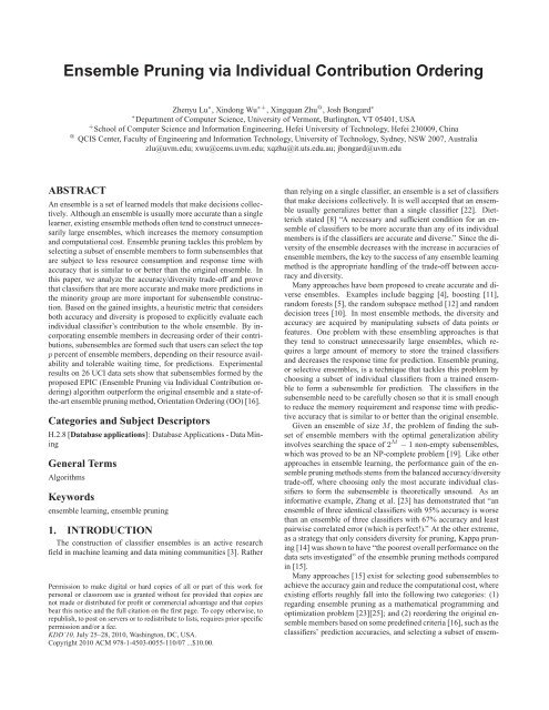 Ensemble Pruning via Individual Contribution Ordering - Computer ...