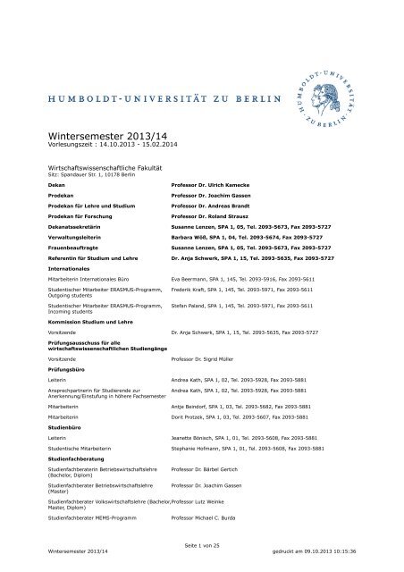 Unkommentiertes Vorlesungsverzeichnis WS 2013/14