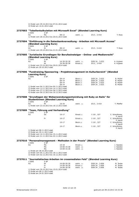 Unkommentiertes Vorlesungsverzeichnis WS 2013/14