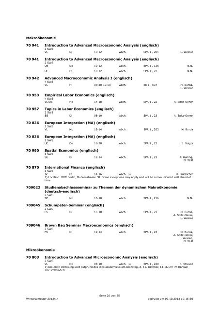 Unkommentiertes Vorlesungsverzeichnis WS 2013/14