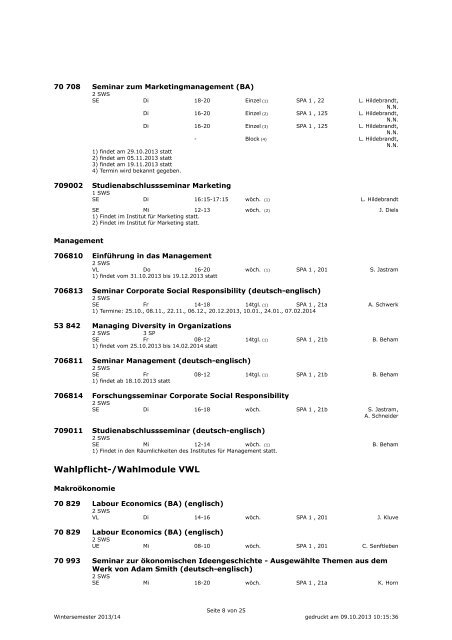 Unkommentiertes Vorlesungsverzeichnis WS 2013/14