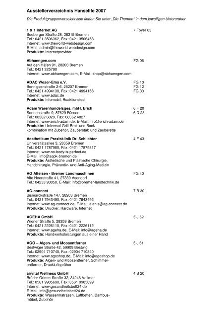 Ausstellerverzeichnis Hanselife 2007