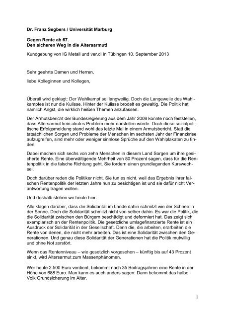 1 Dr Franz Segbers Universita T Marburg Gegen Rente Ab 67 Den