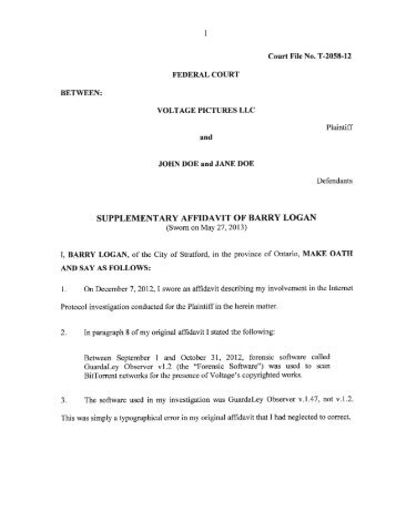 Supplementary Affidavit - Barry Logan - TekSavvy