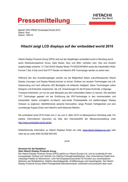 Hitachi zeigt LCD displays auf der embedded world ... - KOE Europe
